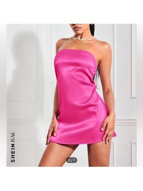 SHEIN BAE Solid Satin Tube Mini Dress in Hot Pink NWT